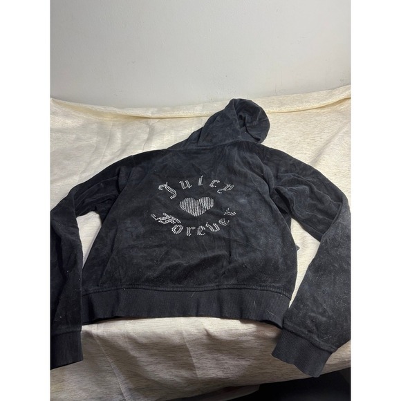 Juicy Couture x Forever 21 Black Velour Rhinestone Hooded Zip Up Jacket size M - Picture 2 of 7
